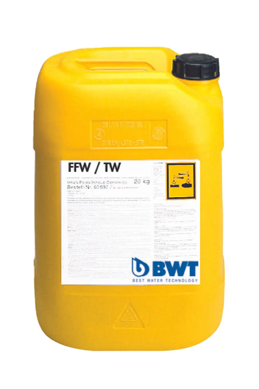 Gelbes Kanister mit schwarzem Deckel, gekennzeichnet mit Sicherheits- und Produktinformationen. BWT-Logo auf der Vorderseite. Inhalt: chemische Lösung zur Entkalkung.